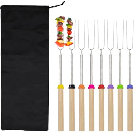 8 pezzi Marshmallow Spiedini con Manico in Legno, Spiedini per Barbecue in Acciaio Inox, 31-82 cm Spiedo Telescopico, Forchettone Barbecue Estensibile con Borsa Nera, per Campeggio, Barbecue e Picnic
