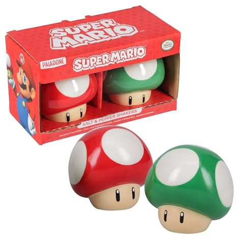 Super Mario Brothers Mushroom Salt and Pepper Shakers Officially Licensed Nintendo Red & Green 1-Up Ceramic Set for Kitchen & Home Decor, Housewarming Gift for Movie and Gaming Fans - Paladone