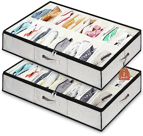 VERONLY 2 Stück Schuhaufbewahrung mit Deckel Faltbar, Schuhorganizer mit 32 Fächern Schuhschrank mit Sichtfenster für Flache Schuhe, Turnschuhe, Hausschuhe,Kleiderschrank (Hellgrau,95x58x15.5cm)