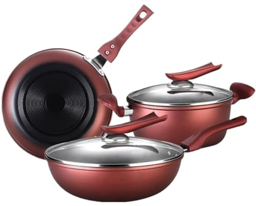 RUVOO Batteria di Pentole, Set di Pentole da 3 Pezzi Padella in Ferro Wok Antiaderente con Coperchio Set di Padelle con Copertura in Vetro Cucina da Cucina Utensili Cucina Set Pentole