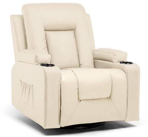 COMHOMA Reclinerfåtölj med Justerbart Ryggstöd och Fotstöd, 360° Snurrfåtölj med Mugghållare och Sidofickor, Ergonomisk Design med Fullkroppsstöd, PU-läder, Beige