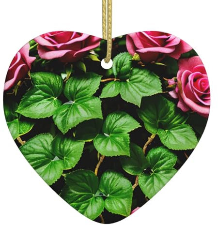 Hiedra floral de rosas con hojas con estampado de primavera, pequeños adornos de decoración de Navidad, decoración de árbol de Navidad de cerámica, regalos