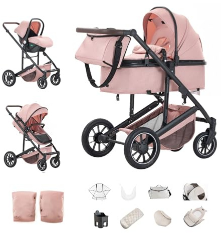 Kakbgee Kinderwagen 3 in 1, Kombi-Kinderwagen mit ECE R129-Autositz, höhenverstellbarer Griff, Buggy mit hohem Aluminiumrahmen für Neugeborene