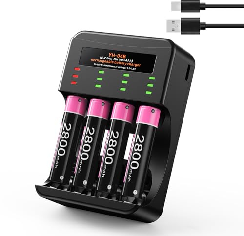 AA Akkus Wiederaufladbar mit Ladegerät 4er-Pack,Akku-Ladegerät AAA/AA für NI-CD/NI-MH,Aufladbare Batterien A A NiMH 1.2V 2800mAh,für Gigaset Telefon,Talkie,Kamera,Spielzeug,Walkie
