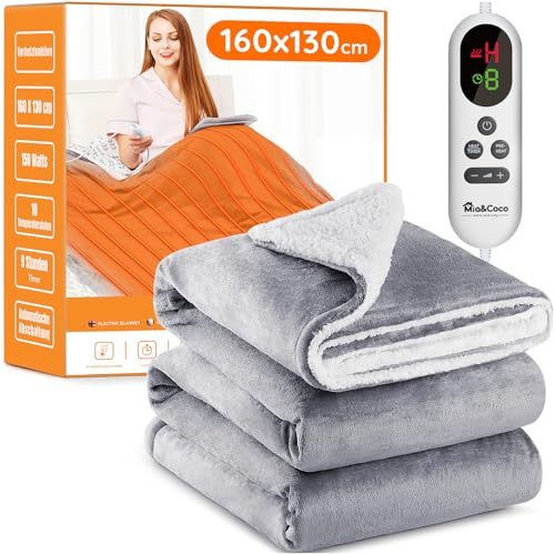 Mia&Coco Manta eléctrica con apagado automático, 130 x 160 cm, 10 niveles de calor hasta 9 horas, temporizador de apagado automático, manta eléctrica para cama, manta térmica, certificado ETL, para