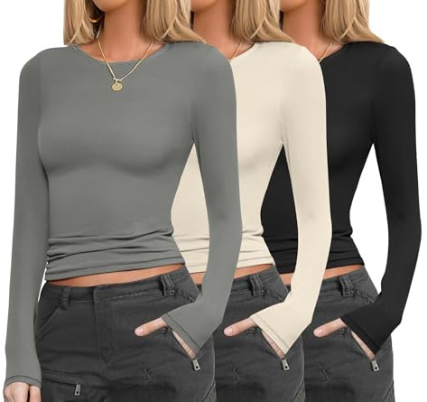 Ekouaer Womens Long Sleeve Shirts Fitted Tops Crew Neck Base Layering Tight Thermal Undershirts 3 Pack, S-XXL