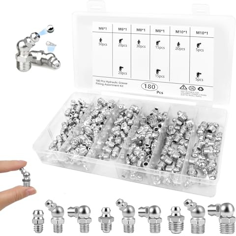 ROTKUSZ 180 Pezzi Set di Ingrassatori, Grasso Raccordo Assortimento M6 M8 M10, Dritto e Angolato 45° 90° per Raccordo per Ingrassatore, con Scatola, per Ingrassatori in Metallo