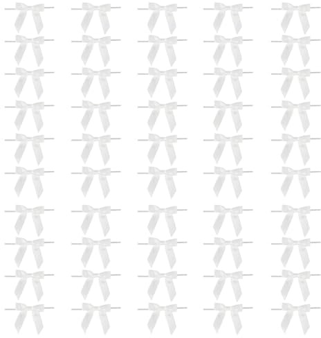 DIYCUT 50 Stück Mini Dekoschleifen, Schleifen Deko, Kleine Weiße Schleife | Weiße Geschenkschleifen mit Draht, für Dekoration von Geschenken, Bonbonboxen, Champagner und Hochzeitsdekoration
