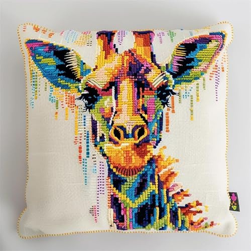 FFDONGTEGO Kit de Almohadones con Cierre de Gancho Jirafa Cojines para Bordar a Mano 17x17 Inch 3D Bordado de Bricolaje Cuadrado Funda de Cojín Decoración para Principiantes, Adultos