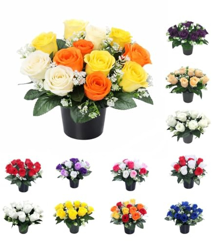 Mr. Barry's Grave Flower Pot with Foam Insert (Yellow Orange & Ivory) | Artificial rose grave flower pot with foam insert for cemetery, memorial and graveside displays