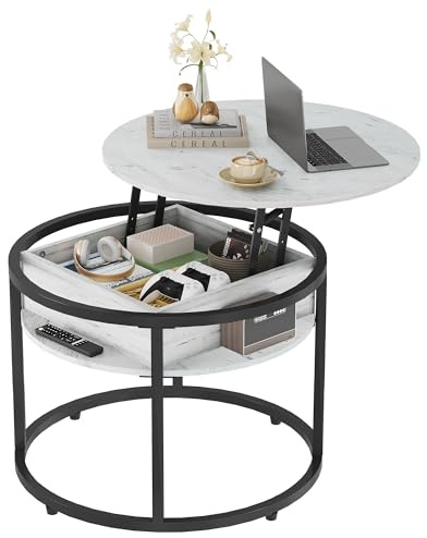 WLIVE Couchtisch Rund mit Hebeplatte, Wohnzimmertisch Höhenverstellbar mit Stauraum, 60 x 60 x 50 cm, Kaffeetisch für Wohnzimmer, Balkon und Büro (Eiche, 60 Durchmesser)
