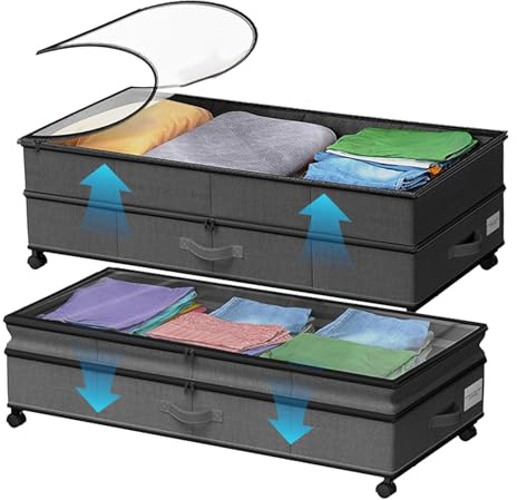 Fuerdich 1Pack Under Bed Storage On Wheels, 72L Under Bed Drawers with Clear Lids Adjustable Underbed Storage Organiser with Wheels Large Storage for Clothes, Shoes, Blankets & Toys ﻿