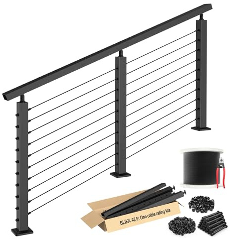 BLIKA 6'6 Complete Set 36 Stair Railing Post Kits with Handrail, Surface Mount Stair Cable Railing System with Handrail & Swageless Tensioner, Pre-Drilled Black Stainless Steel Cable Railing Posts