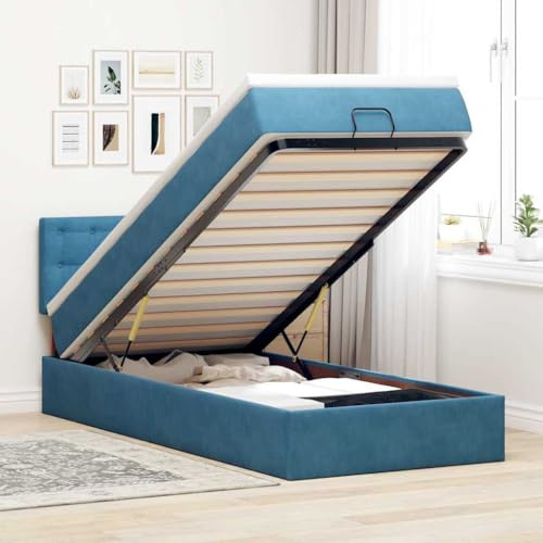 Qnhdfrt Ottomanbett mit Matratze 100x200 cm Dunkelblau Samt Stoff Bettgestell mit Kopfteil und Taschenfederkernmatratze Stauraum Hydraulik Mechanismus für Schlafzimmer