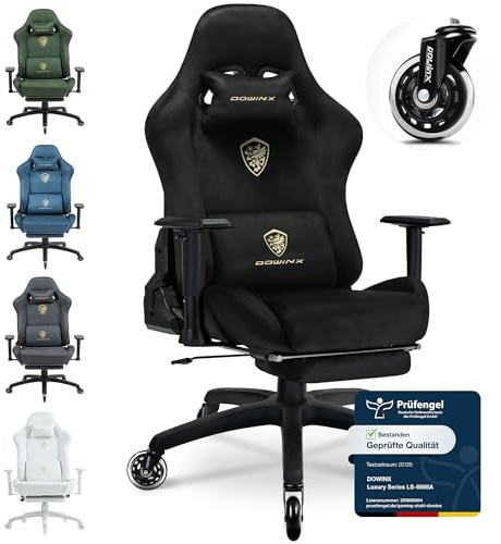 Dowinx Gaming Stuhl,Ergonomischer Wildlederimitat Gamer Chair,Gaming Sessel,Verstellbar Fußstütze und 3D Armlehnen,200KG Tragkraft Bürostuhl mit Geräuschlose Rollen,Schreibtischstuhl,Dunkelschwarz