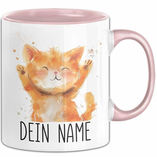 Katze Tasse mit Namen – Personalisierte Tasse Geburtstag Geschenkidee süßes Katzemotiv Namenstasse (Rosa)