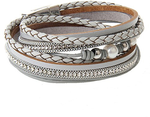 Cheerlife Leder Wickelarmband mit Flechtelement Strass Perlen Armband geflochten Armschmuck Magnetverschluss (Grau)
