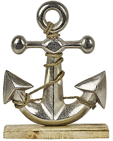 MACOSA HM25286300 - Ancora decorativa su piedistallo, in metallo e legno, da appoggiare, argento
