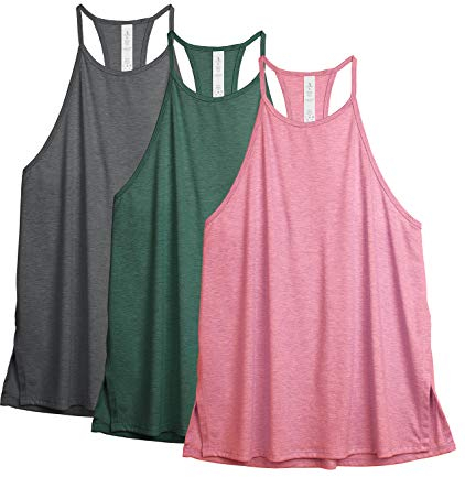icyzone Canotta Sportiva da Donna, Spaghetti Strap Capestro con Collo Alto, per Yoga, Palestra, Senza Maniche, Confezione da 3 -M-Verde Scuro/Grigio Scuro/Rosa