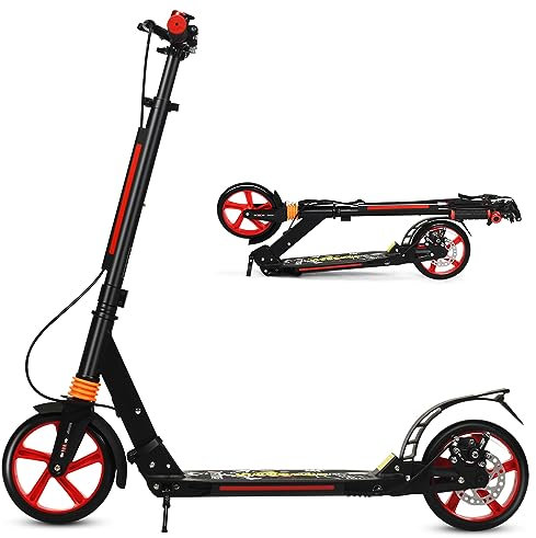 COSTWAY Monopattino Bambini e Adulti, Monopattino a Spinta Pieghevole e Regolabile in 3 Altezze, Monopattino Portatile con 2 Ruote, Cavalletto, Freno e Pedale Antiscivolo, Portata 100 kg (Nero)