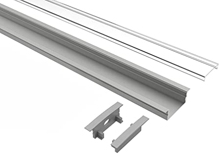 Tivendis Led Alu Profil 2 m EB Komplett Set für Strip/Streifen bis 20 mm breit | Abdeckung transparent klar, Endkappen | Einbau Fußleisten Flachprofil eloxiert
