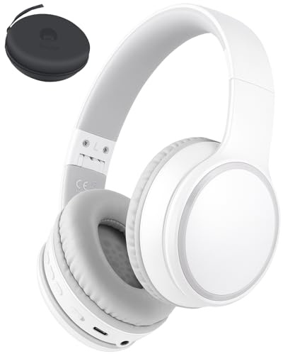 rockpapa E9 Over Ear Bluetooth Headphones for Kids Children Boy Girl Adult, Stereo Foldable Wired/Wireless Headphones with Microphone for School Travel Tablet PC TV, Include Case, White Grey