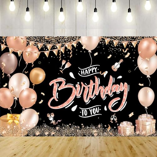 GRESATEK Rose Gold Happy Birthday Banner Geburtstagsdeko Banner für Mädchen und Frauen Extra Groß Geburtstag Banner Deko
