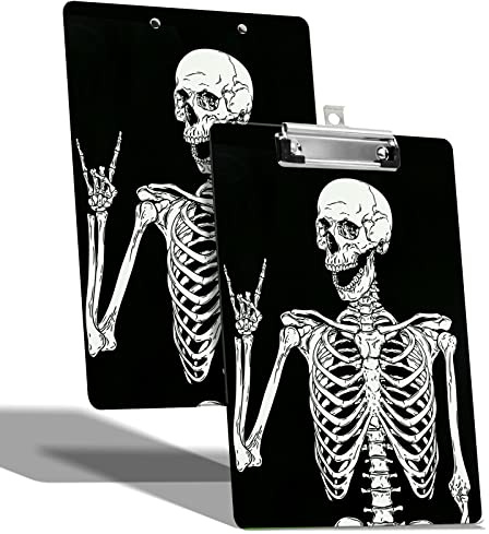 A4-Klemmbrett mit Haken zum Aufhängen und niedrigem Profil-Clip, Kunststoff-Klemmbrett für Krankenschwestern, Schreiben, Zeichenbrett mit doppelseitigem Druck für Büro, Schule, Totenkopf-Skelett