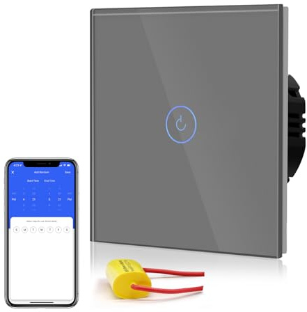 BSEED Interruptor de Luz Táctil WiFi Inteligente,Panel de Cristal,Compatible con Alexa, Smart Life y Tuya (No Necesita Cable Neutro),1 Gang 1 Vía,86mm Gris