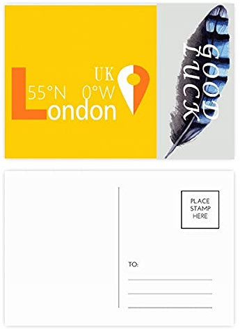 London Geography Coordinates Reise-Postkarten-Set mit Glücks-Federn, 20 Stück