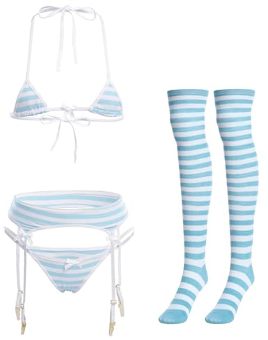 ABAFIP Women Cute Kawaii Anime Lingerie set Halter Strap Micro Bra Tiny Panty Garter Belt Striped Stockings 4Pcs Underwear Blue One Size