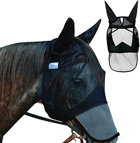 Mascara Antimoscas Caballo Hillylolly Mascara Mosca Caballo, Antimoscas Caballos, Respirable Mascara Caballo Moscas con Protección UV Protección con Orejas y Nariz-L-Full