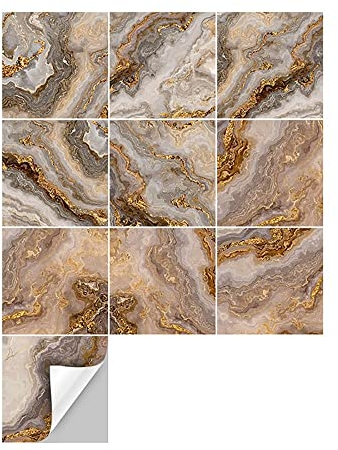 Souarts Fliesenaufkleber Marmor Muster Fliesenfolie 15x15cm für Bad, Küche, Badezimmer, Fliesen Folie Selbstklebend Klebefliesen (Braun Gold, 40PCS 15x15cm)