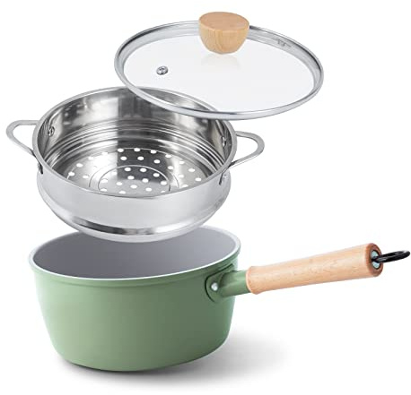 ROCKURWOK Ceramic Nonstick Sauce Pan, 3 QT Pot with Steamer, Non Toxic & PFAS-Free, Wooden Handle for Cool Touch, Universal Base(Gas, Electric & Induction), Green