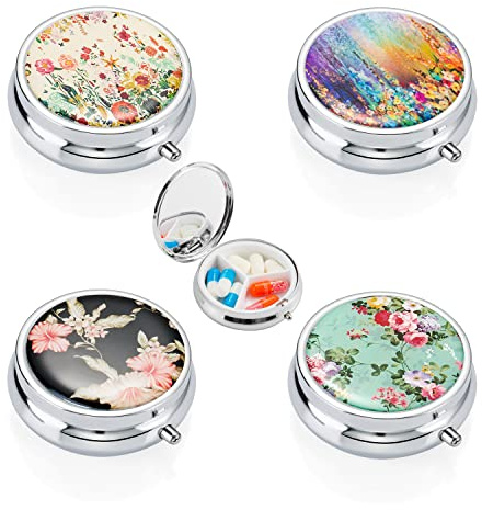 4 Stück Metall Pillendose Rund, Kleine Pillenetui Pill Box 3 Fächer mit Spiegel Tragbare Pillendose Metall Mini Vitamine Medizin Tablet Organizer Case Tablettendose für Tägliche und Reise