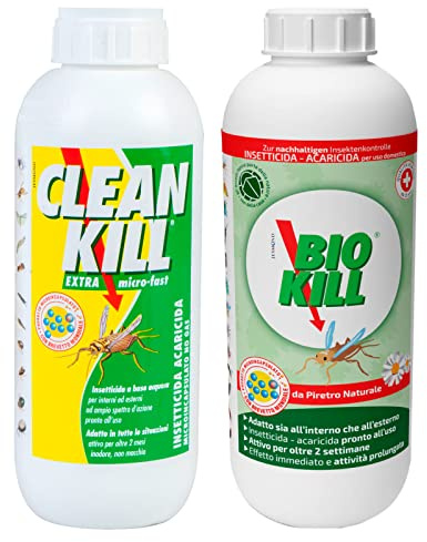 Kit Biokill Insetticida Biologico di Piretro Naturale 1x Flacone Ricarica da 1 litro + Clean Kill Insetticida Ecologico Extra Micro Fast 1x Flacone Ricarica da 1 litro