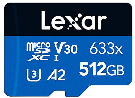 Lexar 633x 512GB Micro SD Card, microSDXC UHS-I Card + SD Adapter, microSD Memory Card up to 100MB/s Read, A2, Class 10, U3, V30, TF Card for Smartphones/Tablets/IP Cameras (LMS0633512G-BNAAA)