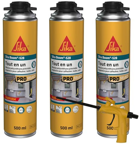 SIKA - Lot de 3 x Mousse polyuréthane Expansive Sika Boom 528, Pistolable & Réutilisable, Rendement 23L, pour jointer, calfeutrer, isoler, 500ml Blanc + Pistolet Foam Gun pour mousse expansive
