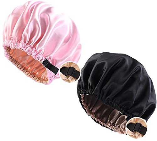 2 Stück Schlafhaube Haar Mütze Mädchen Seidenmütze, Damen Lange Satin Mütze Extra Große Haarhaube Doppellagig Verstellbare Schlafhaube Haare Schützen (Schwarz+Rosa)