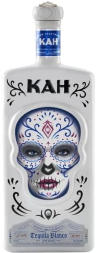 KAH Blanco Tequila 70cl, 40% ABV, Square White Ceramic Day of the dead decorated Bottle, 100% Blue Agave, Double Distilled, Tripple Filtered, Unaged
