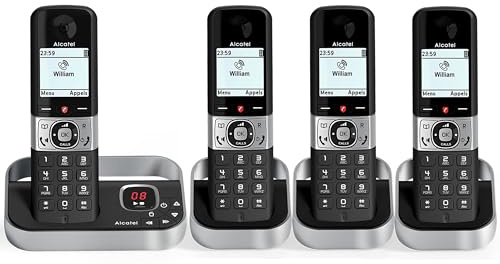 ALCATEL F890 Voice Quad - Cordless Phone DECT With Answering Machine - High Resolution Graphical Display - Handsfree - Call Barring - VIP Ringtone - 50 Min Answering Machine - 4 Handsets - Black/Grey