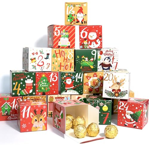 24 x Weihnachts-Countdown-Kraftpapier-Geschenkboxen, 70 x 70 x 70 mm, kleine leere Mini-Geschenkboxen mit Deckel für Geschenke, Leckereien, Snacks, Kekse, Süßigkeiten, Boxen für Weihnachtsfeier,