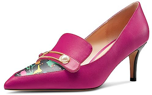 HEUIVZAR Womens Mid Kitten Heel Pointed Toe Slip-on Pumps Court Shoe Pearls Buckle Party Dress 6.5 CM Heels Fuchsia 5 UK