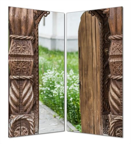 Wallario Selbstklebende Duschrückwand 160 x 180 cm, 2-teilig mit Motiv Offene alte Pforte mit Schnitzereien aus Holz - Wandverkleidung Fließenersatz mit Hochglanzlaminat in Glasoptik