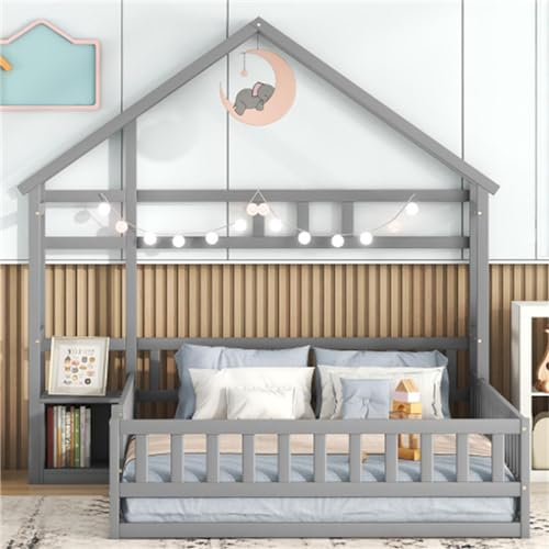 buiesjole Kinderbett 140x200 cm Hausbett Mit Geländer Und Nachttischen Bodenbett Mit Rausfallschutz Und Lattenrost Aus Holz Jugendbett Für Kinder Jugendliche Doppelbett Grau
