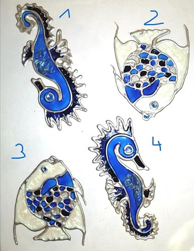 Window Color Bild, 1 schöner Fisch + 2 schöne Seepferdchen, blau, weiß, silber, Bad, Baddekoration, Fliesendeko, Fensterbild (1.0)