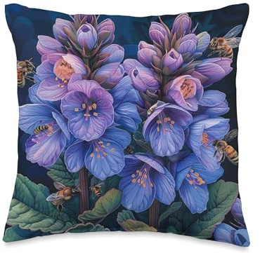 Bergenia Flower Blooming With Bees Around Graphic Throw Pillow
