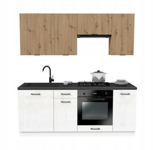 Laclar Küchenzeile 200 cm - Modulare Möbel für die Küche - inklusive Montagezubehör - mit Soft-Close-System - ohne Geräte - Mix Weiß Acryl Glanz/RYFLA Oak Artisan - Küchenarbeitsplatte District Dark