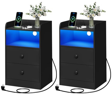 WOLTU Nachttisch 2er Set, mit Steckdose, Nachtschrank mit LED-Beleuchtung, schwarz, 2 Schubladen und 1 offenem Fach, 40 x 35 x 64 cm, geeignet für Schlafzimmer, Wohnzimmer, moderner Stil, NTS07sz-2 | Mit Steckdosen, USB-Anschlüssen und LED-Lichtern, Beistelltisch mit 1 Etage, 1 Fach und 2 Schubladen, Sofatisch aus Holz