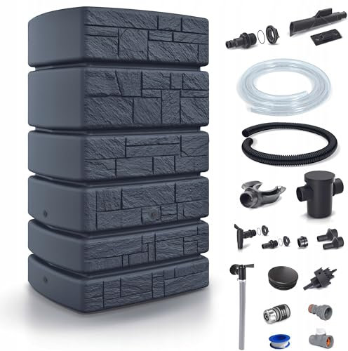 Dikel - Tower Stone - Regentonne - Wassertank - Regenfass - Regenwassertonne mit Zubehör - Regenwassertank - Wassertonne, Wasserfass, Regenwasserspeicher 500l, Anthrazit